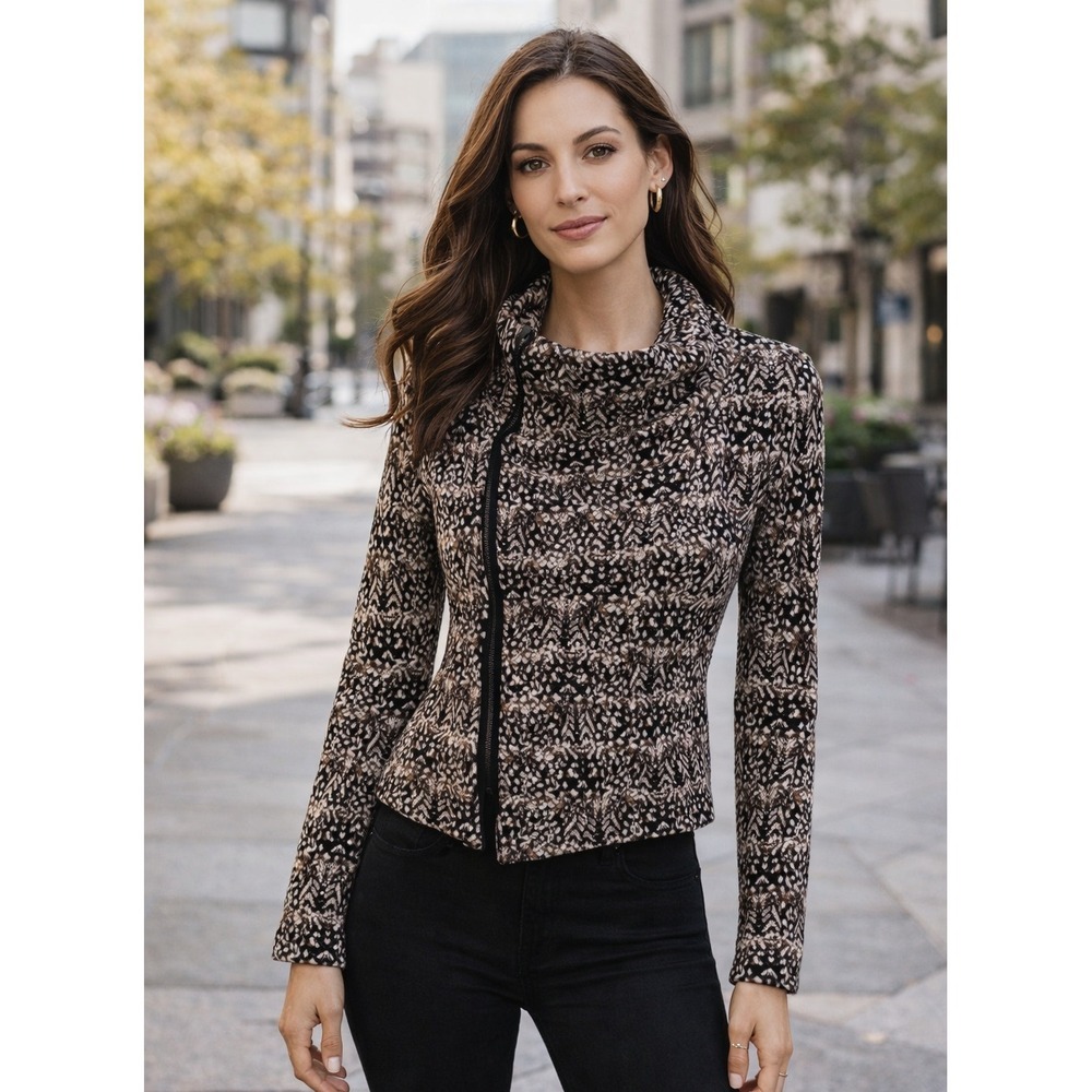 BCBG Max Azria Women's Knit Jacket Size M Black Beige Pattern Asymmetrical Zip